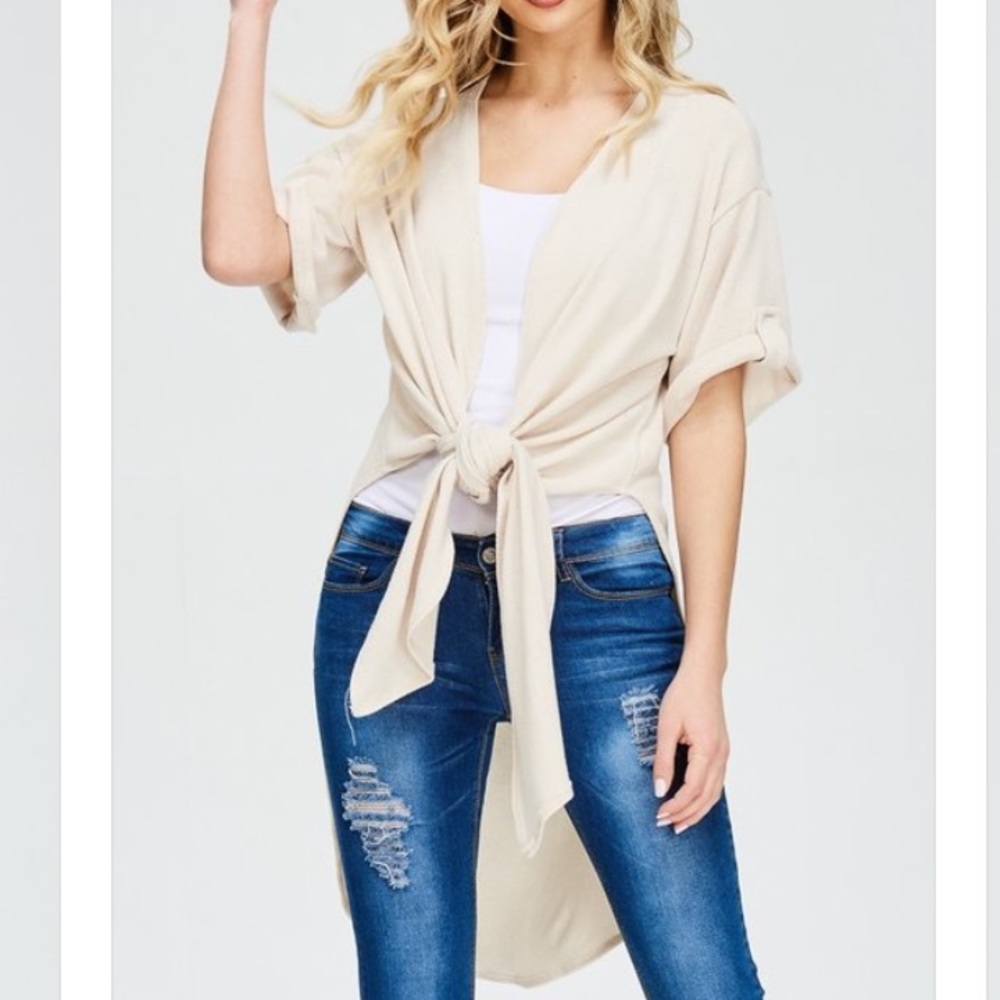 Beige Tie Front Duster Top | Lightweight High-Low Cardigan | Short Sleeve | S